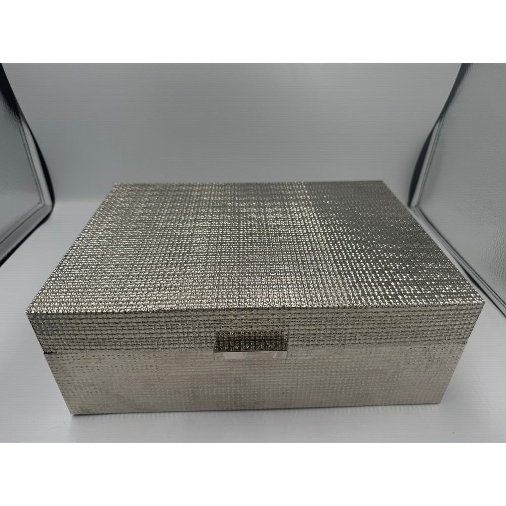 Crate & Barrel Silver Textured Jewelry Box Grey Velvet Lining Ring Organizer